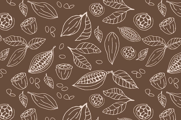 Cocoa beans organic background outline on brown