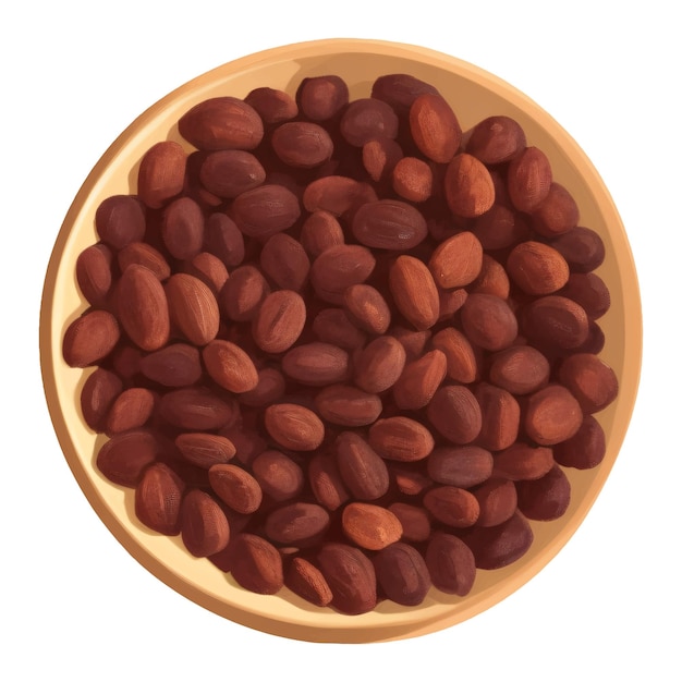 Cocoa beans on wooden bowl top view isolated hand drawn painting illustration