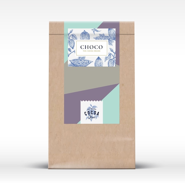 Cocoa chocolate craft paper bag product label abstract vector packaging design layout with realistic shadows modern typography and hand drawn cocoa beans branch silhouette