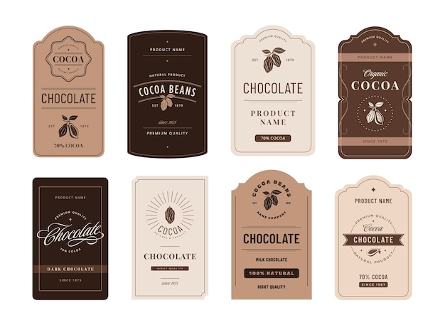 Vettore etichetta del cacao emblemi di cioccolato classici con fagioli di cacao design di marchio di prodotto artigianale