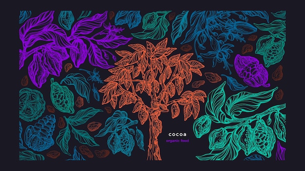 Cocoa neon illustration Fruit grain plantation Vector texture exotic forest