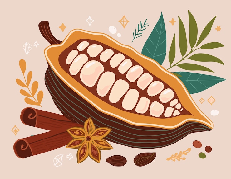 Vector cocoa pod nature chocolate beans illustration sweet flavor spice harvest farm