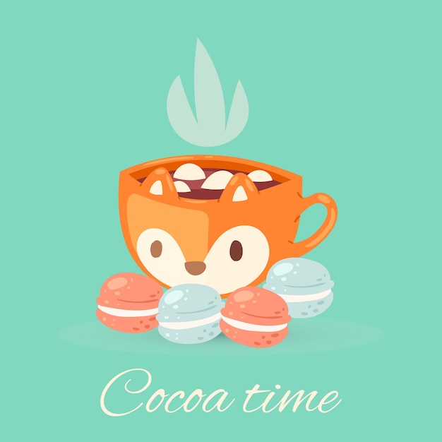 Illustrazione di lettere di cacao tempo, tazza accogliente con gustosa bevanda deliziosa bevanda al cacao, tazza carina di cioccolata calda aromatica