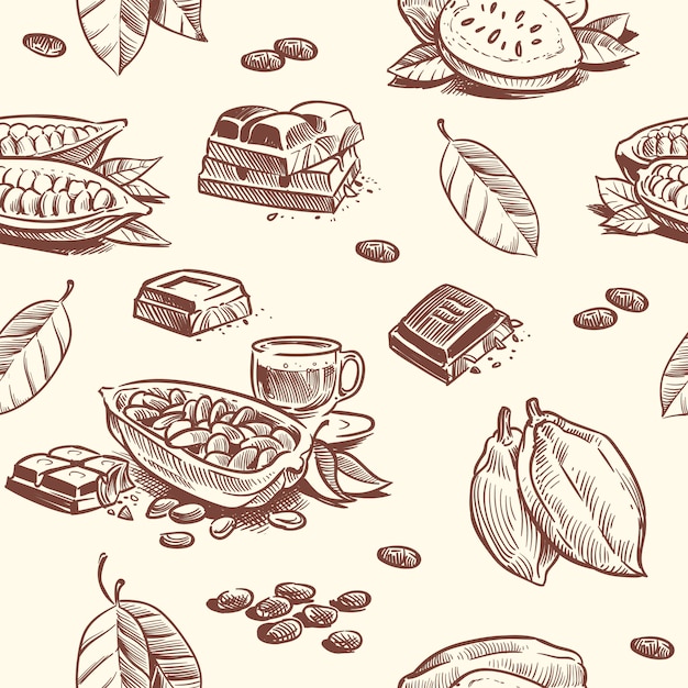 Cocoa tree, chocolate beans seamless pattern