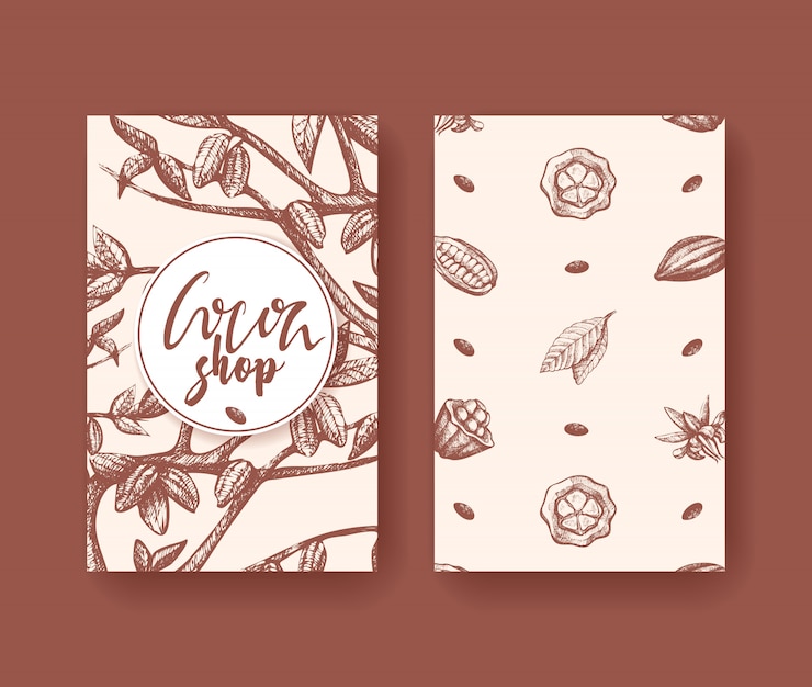 Vector cocoa vector of superfood two sides card. fruit, leaf and bean engraving.