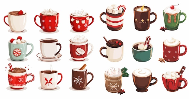 Vector cocoa with marshmallows winter warming drinks and hot espresso cup