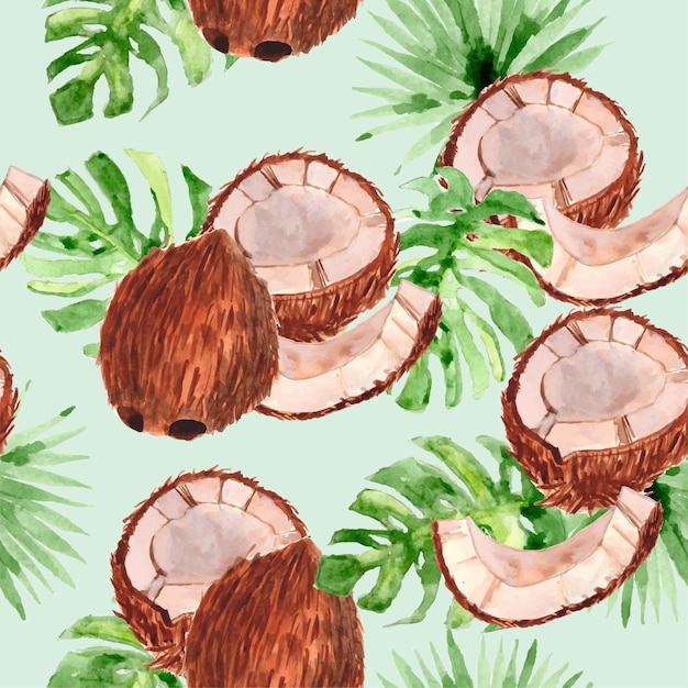 코코넛과 몬스테라 잎 열대 느낌의 수채화 원활한 패턴