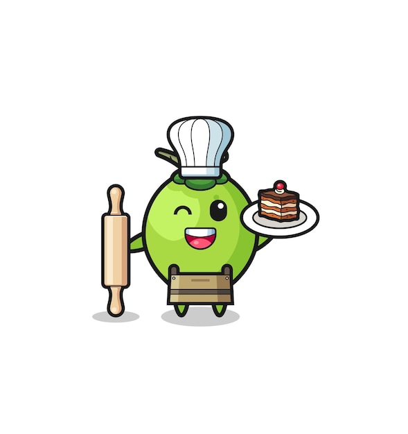 Coconut as pastry chef mascot hold rolling pin cute design