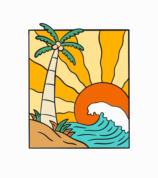 Coconut beach en de golven voor badge patch pin embleem grafische illustratie vector kunst tshirt design