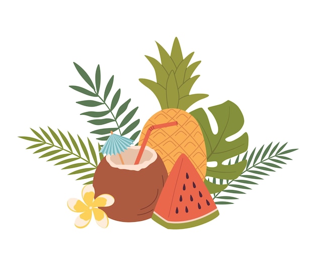 Coconut cocktail ananas en watermeloen met tropische bladeren vector illustratie