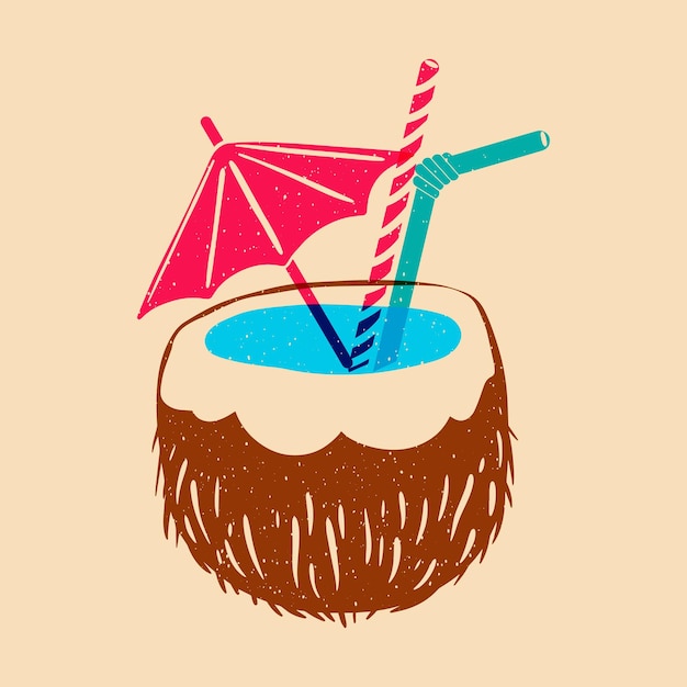 Coconut cocktail colorful cute screen printing effect riso print effect vector illustration