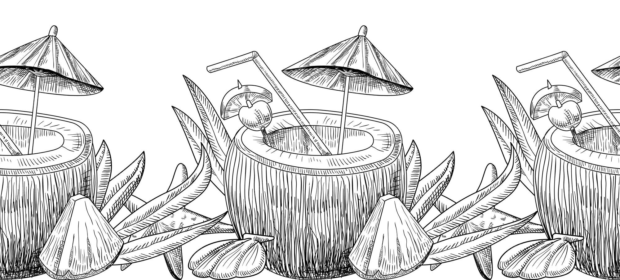 ココナッツカクテル落書き手描きモノクロ描画 ストロー チェリー レモンスライスと傘のナッツシェルで夏のさわやかなドリンク 刻まれた熱帯飲料 ベクトル線画 イラスト プレミアムベクター