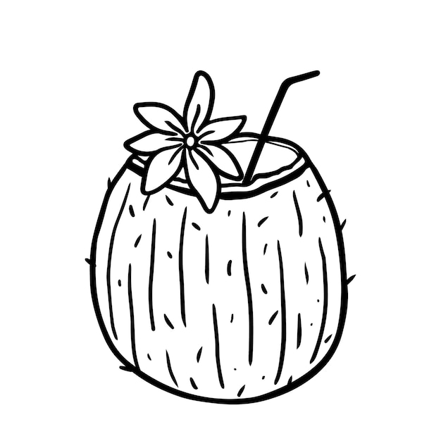 꽃으로 장식된 빨대가 있는 코코넛 칵테일