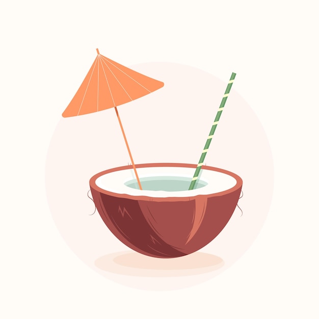 Coconut cocktail with straw and umbrellaTropical drink in half coconutFlat vector illustration