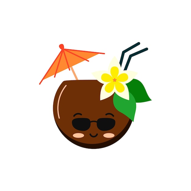 Coconut coctail with straw flower and umbrella emoticon isolated on white background Tropical drink emoji with face and sunglasses in half of coconut vector flat illustration in cartoon style