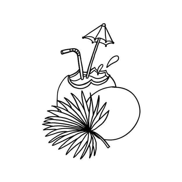 Coconut drink cocktail in outline doodle style