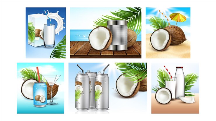 Vector coconut drink creative promo posters set vector. eco natural dairy liquid and water, blank packages and glasses, coconut and exotic tree branches advertise banners. style concept layout illustrations