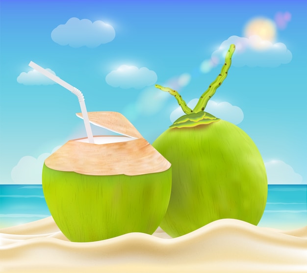 Vettore bevanda di cocco sulla spiaggia di sabbia di mare