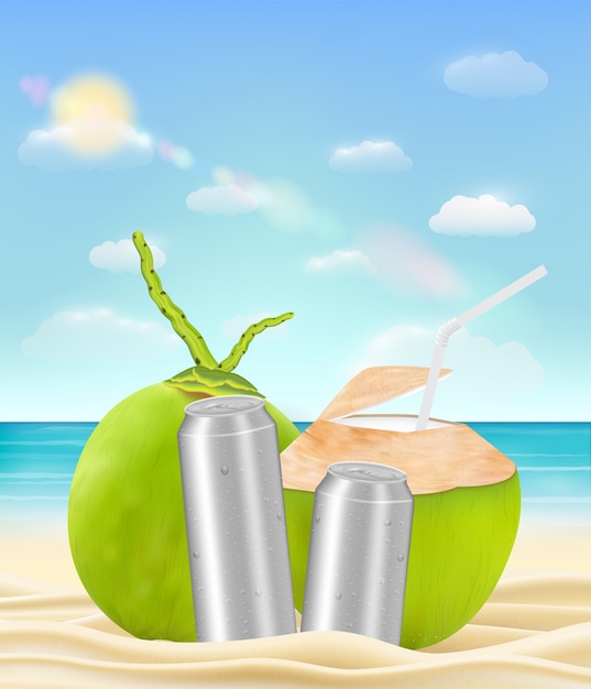 Coconut drink water can on a sea sand beach