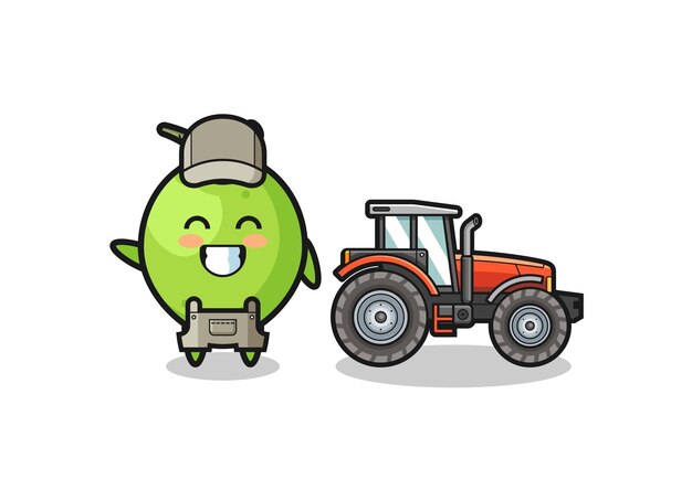 The coconut farmer mascot standing beside a tractor