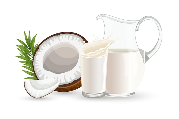 coconut half a coconut a jug and a glass of milk with splashes on a white background illustration