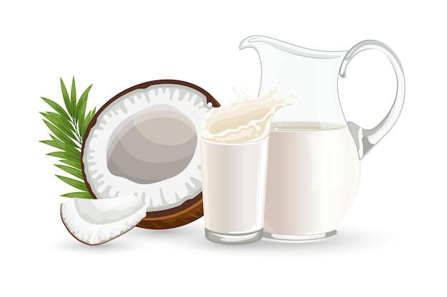 Coconut half a coconut a jug and a glass of milk with splashes on a white background illustration