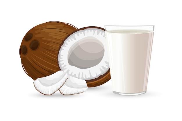 coconut half a coconut pieces of coconut and a glass of milk with splashes on a white background