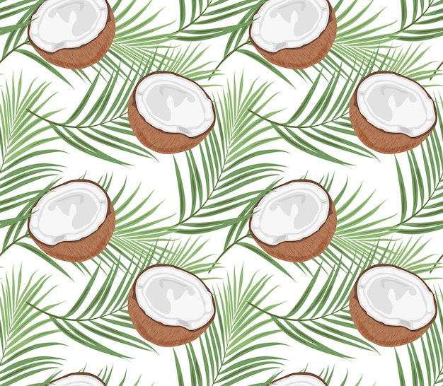 Vector coconut halves on a background of palm leaves