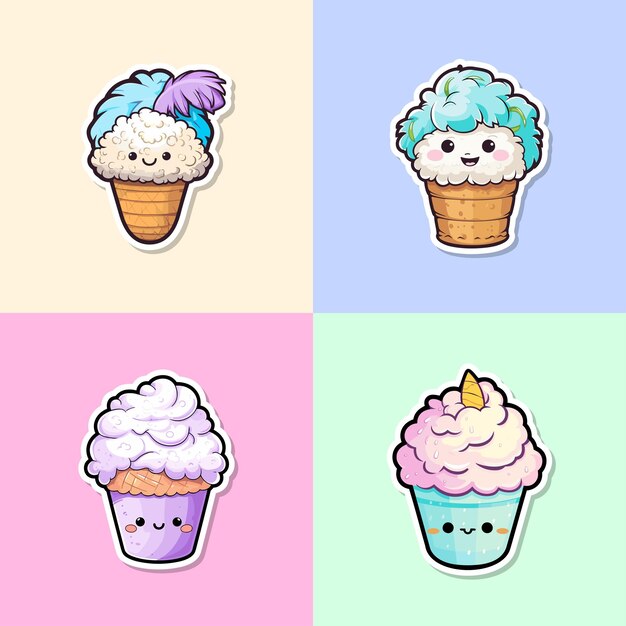 Vector coconut ice cream sticker cool colors kawaii clip art illustration collection