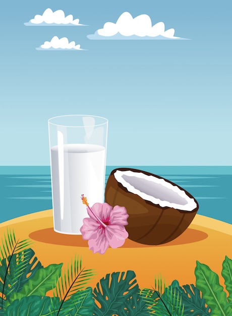 Coconut milk in glass cup vector illustration graphic design