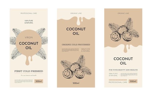 coconut oil cosmetic or cooking package label organic hair shampoo drop on background beauty hand skin herb cream botanical engraving style isolated elements vector design illustration