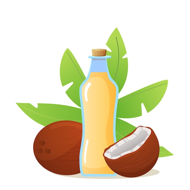 Кокосовое масло в стеклянной бутылке кокосы целые и сломанные орехи с пальмовыми листьями