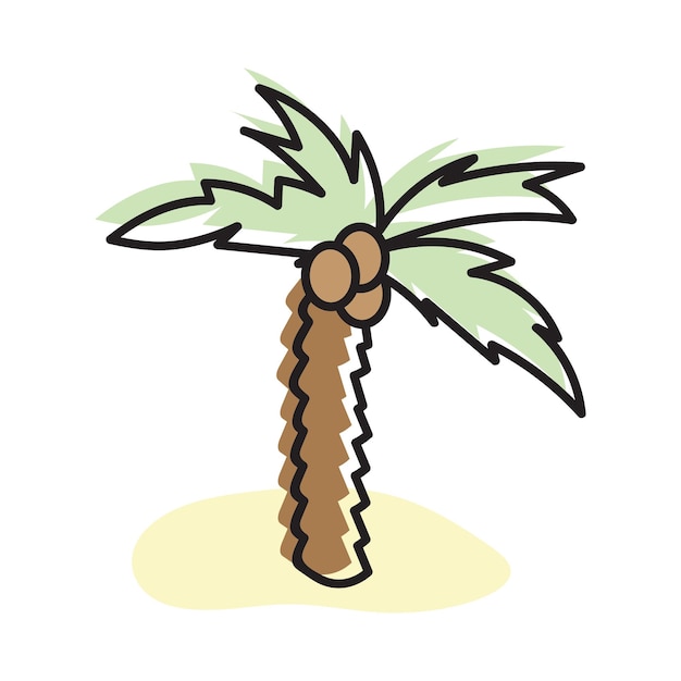 白い背景に分離されたココナッツ椰子の木の色手描きイラストアイコンサインアートロゴデザイン