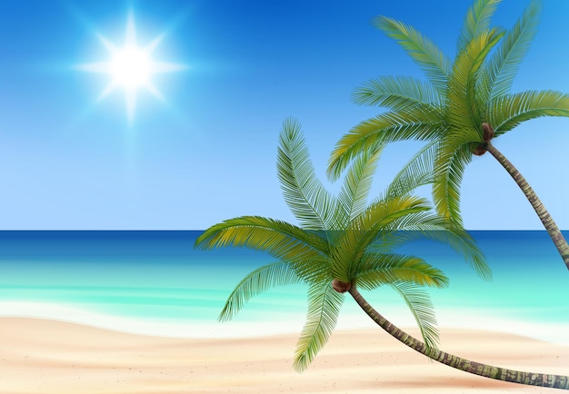 Vector coconut palm trees beach realistic composition with outdoor landscape with sands water and sun in sky vector illustration