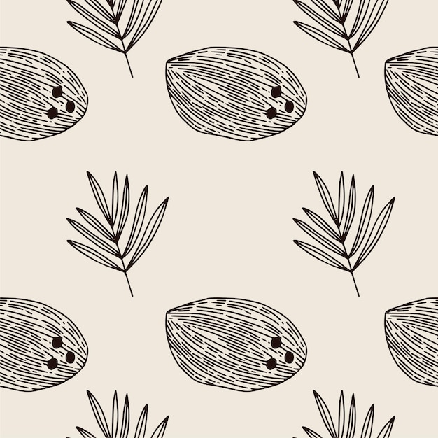 Coconut seamless pattern. Bohemian background with linear coconut. Vintage vector wallpaper. Pattern