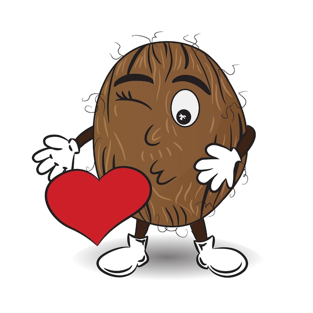 Coconut Sending a Kiss with Red Heart Cartoon Tropical Personage Stickers Pack Emoji Messengers Chat