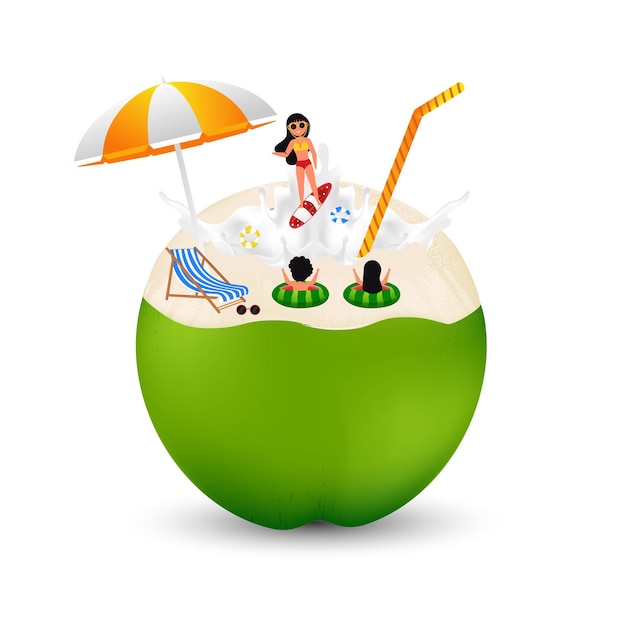 Coconut shell with coconut water and beach on top of shell 3d vector illustration