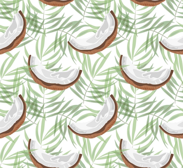 Vector coconut slices on a background of palm leaves