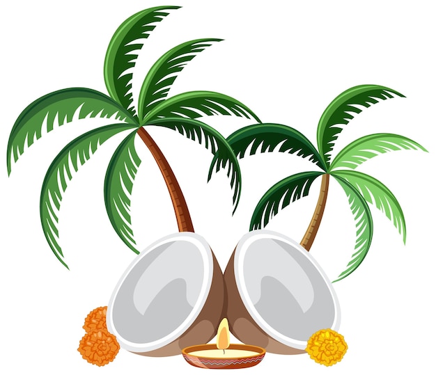 Кокосовая пальма и фрукты на белом фоне