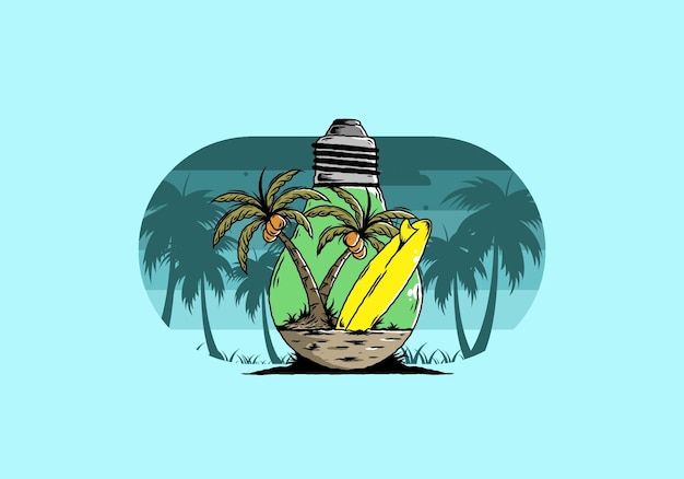 전구 램프 그림에서 코코넛 나무와 서핑 보드