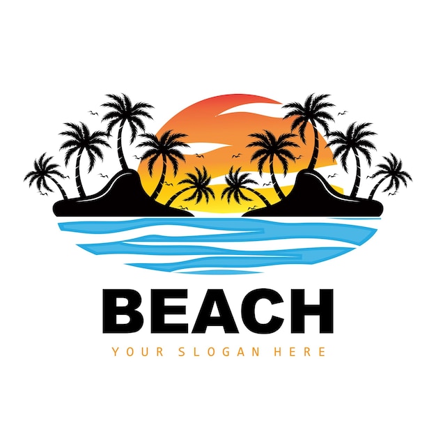 Albero di cocco e spiaggia logo ocean nature landscape design icona spiaggia vettore vegetale