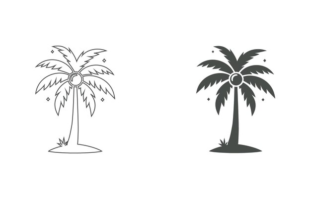 Vector coconut tree black silhouettes with line art