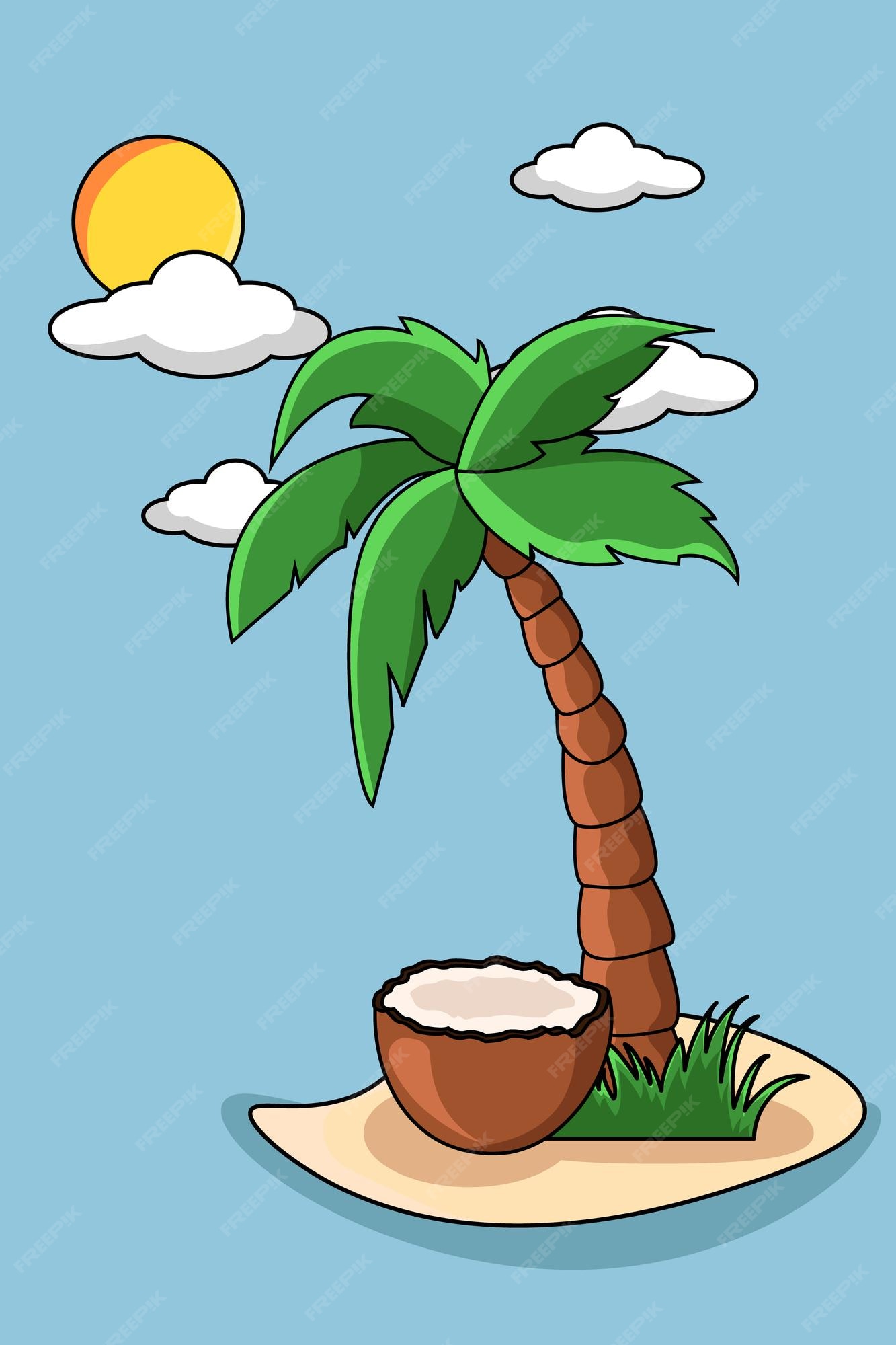 Premium Vector | Coconut tree on little island cartoon illustration Premium Vector | Coconut tree on little island cartoon illustration