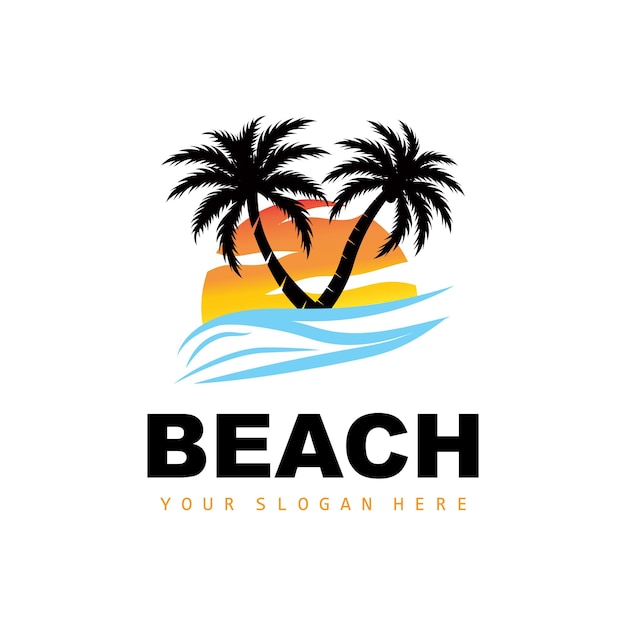 ビーチの雰囲気ビーチ植物ベクトル サンセット ビュー デザインとココナッツ ツリーのロゴ