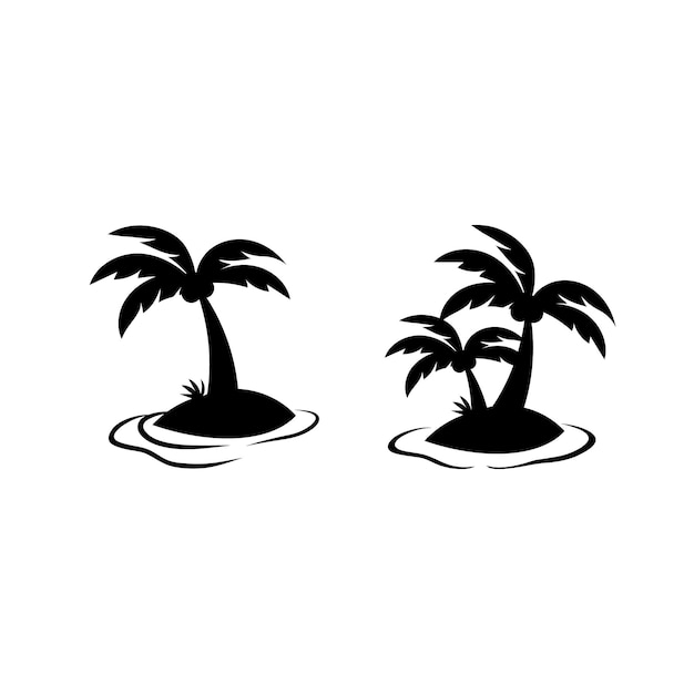 Vector coconut tree on small beach island silhouette illustration set