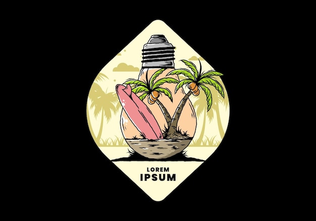 Coconut tree and surfing board in a bulb lamp illustration