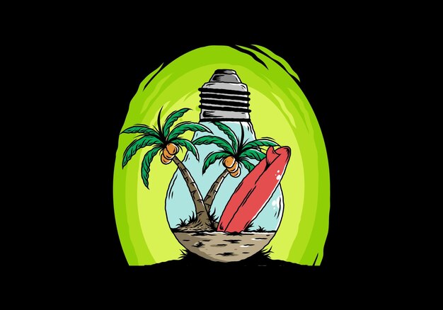 Vector coconut tree and surfing board in a bulb lamp illustration