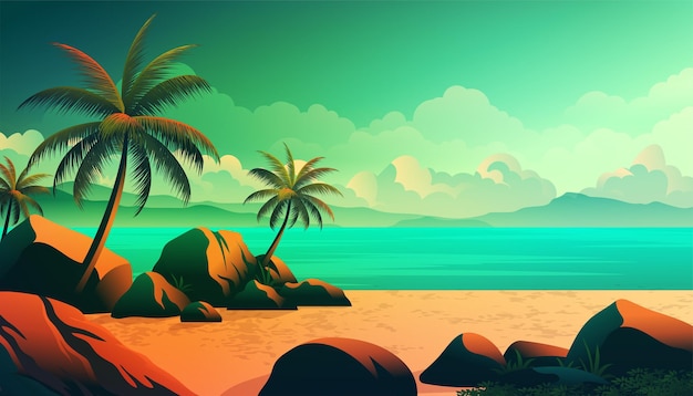 Вектор Кокосовые пальмы на пляже с большими скалами красивый яркий цветной пейзаж
