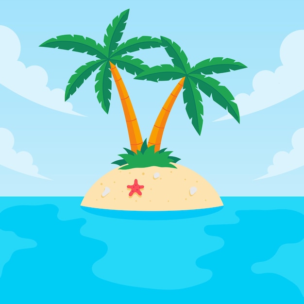 Vector coconut trees in the middle of the sea flat vector illustration on isolated background