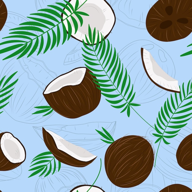 Coconut tropical seamless pattern with palm leaves Vector illustration isolated